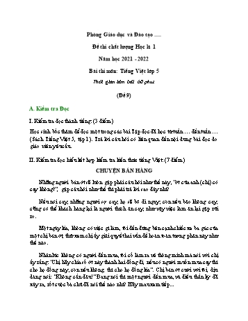 Đề thi chất lượng học kì 1 Tiếng Việt Lớp 5 - Đề 9 - Năm học 2021-2022 (Có đáp án)