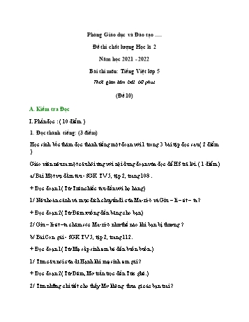 Đề thi chất lượng học kì 2 môn Tiếng Việt Lớp 5 - Đề 10 - Năm học 2021-2022 (Có đáp án)