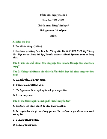 Đề thi chất lượng học kì 2 môn Tiếng Việt Lớp 5 - Đề 9 - Năm học 2021-2022 (Có đáp án)