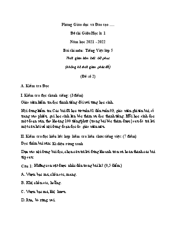 Đề thi giữa học kì 1 môn Tiếng Việt Lớp 5 - Đề số 2 - Năm học 2021-2022