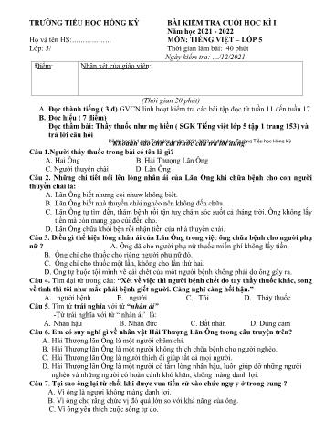 Bài kiểm tra cuối học kì I môn Tiếng Việt Lớp 5 - Năm học 2021-2022 - Trường Tiểu học Hồng Kỳ (Có đáp án)