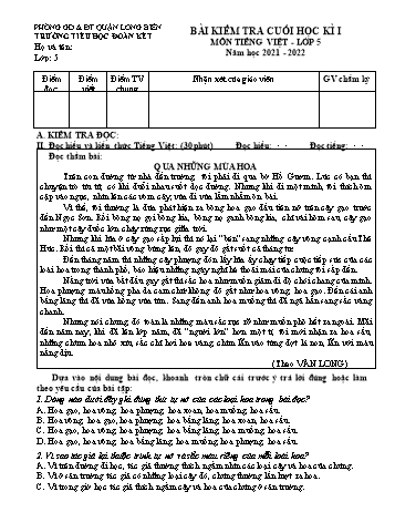 Bài kiểm tra cuối học kì I môn Tiếng Việt Lớp 5 - Năm học 2021-2022 - Trường Tiểu học Đoàn Kết (Có đáp án)