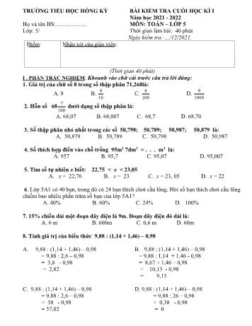 Bài kiểm tra cuối học kì I môn Toán Lớp 5 - Năm học 2021-2022 - Trường Tiểu học Hồng Kỳ (Có đáp án)
