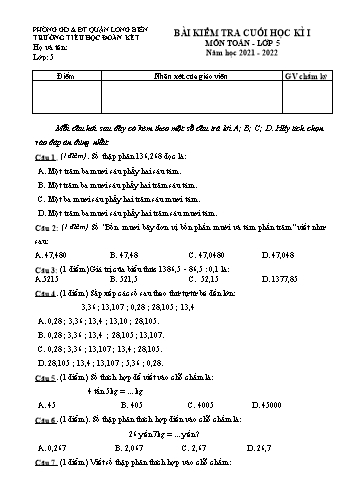 Bài kiểm tra cuối học kì I môn Toán Lớp 5 - Năm học 2021-2022 - Trường Tiểu học Đoàn Kết (Có đáp án)