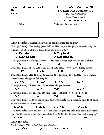 Bài kiểm tra cuối học kì I môn Toán Lớp 5 - Năm học 2022-2023 - Trường Tiểu học Ngọc Lam