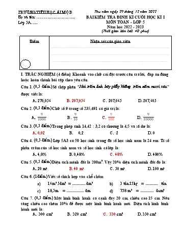 Bài kiểm tra định kì cuối học kì I môn Toán Lớp 5 - Năm học 2022-2023 - Trường Tiểu học Ái Mộ B (Có đáp án)