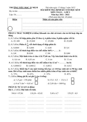 Bài kiểm tra định kì cuối học kì II môn Toán Lớp 5 - Năm học 2021-2022 - Trường Tiểu học Ái Mộ B (Có đáp án)