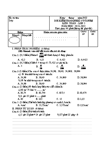 Bài kiểm tra định kì cuối năm môn Toán Lớp 5 - Năm học 2021-2022 - Trường Tiểu học Lê Văn Tám (Có đáp án)