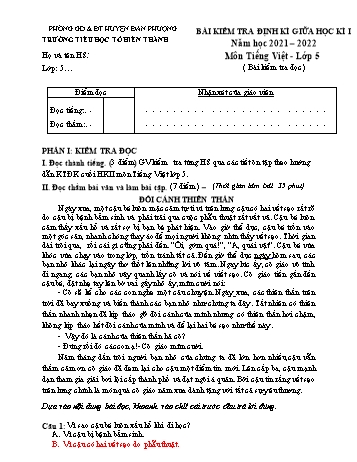 Bài kiểm tra định kì giữa học kì I môn Tiếng Việt Lớp 5 - Năm học 2021-2022 - Trường Tiểu học Tô Hiến Thành (Có đáp án)
