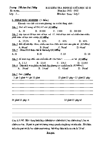 Bài kiểm tra định kì giữa học kì II môn Toán Lớp 5 - Năm học 2021-2022 - Trường Tiểu học Đại Thắng (Có đáp án)