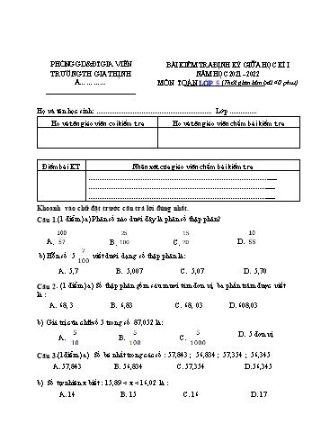 Bài kiểm tra định kỳ giữa học kì I môn Toán Lớp 5 - Năm học 2021-2022 - Trường Tiểu học Gia Thịnh (Có đáp án)
