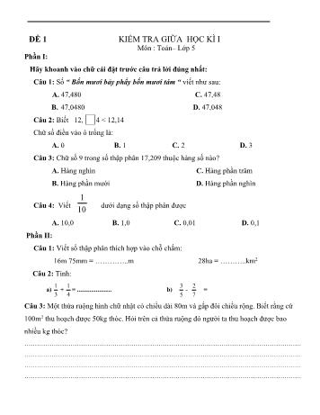 Bộ 10 đề kiểm tra giữa học kì I môn Toán Lớp 5