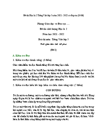 Bộ 10 đề thi chất lượng học kì 2 môn Tiếng Việt Lớp 5 - Năm học 2021-2022 (Có đáp án)