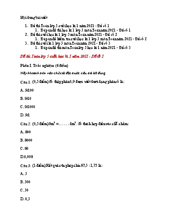 Bộ 3 đề thi cuối học kì 1 môn Toán Lớp 5 - Năm học 2021-2022 (Có đáp án)