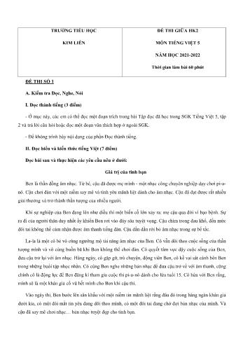 Bộ 3 đề thi giữa học kì 2 môn Tiếng Việt Lớp 5 - Năm học 2021-2022 - Trường Tiểu học Kim Liên (Có đáp án)