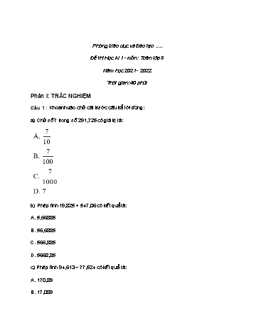 Bộ 3 đề thi học kì 1 môn Toán Lớp 5 - Năm học 2021-2022