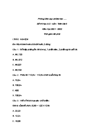 Bộ 3 đề thi học kì 2 môn Toán Lớp 5 - Năm học 2021-2022