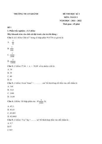 Bộ 4 đề thi học kì 1 môn Toán Lớp 5 - Năm học 2021-2022 - Trường Tiểu học An Khánh (Có đáp án)