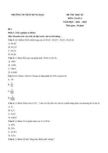 Bộ 4 đề thi học kì 1 môn Toán Lớp 5 - Năm học 2021-2022 - Trường Tiểu học Trần Hưng Đạo (Có đáp án)
