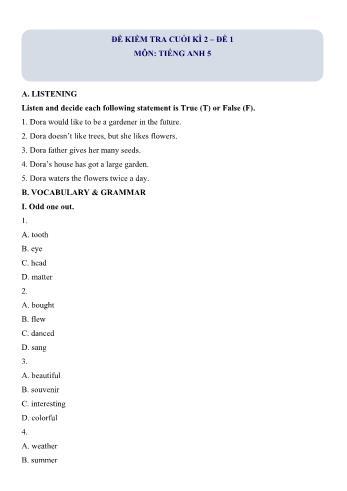 Bộ 5 đề kiểm tra cuối kì 2 môn Tiếng Anh Lớp 5 (Có file nghe + đáp án)