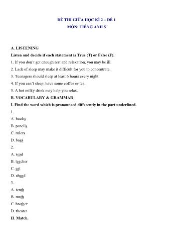 Bộ 5 đề thi giữa học kì 2 môn Tiếng Anh Lớp 5 (Có file nghe + đáp án)