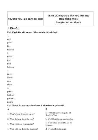 Bộ 5 đề thi giữa học kì 2 môn Tiếng Anh Lớp 5 - Năm học 2021-2022 - Trường Tiểu học Đoàn Thị Điểm (Có đáp án)