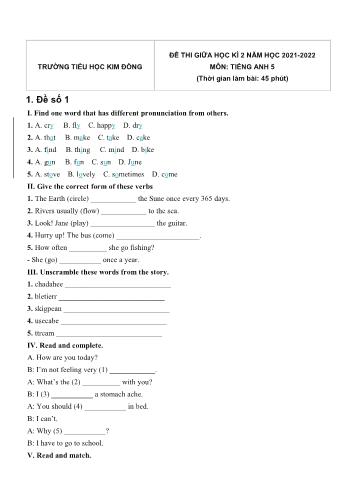 Bộ 5 đề thi giữa học kì 2 môn Tiếng Anh Lớp 5 - Năm học 2021-2022 - Trường Tiểu học Kim Đồng (Có đáp án)