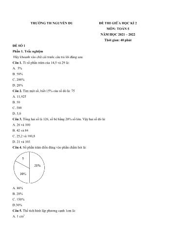 Bộ 5 đề thi giữa học kì 2 môn Toán Lớp 5 - Năm học 2021-2022 - Trường Tiểu học Nguyễn Du (Có đáp án)