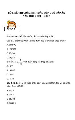 Bộ 5 đề thi giữa học kì I môn Toán Lớp 5 - Năm học 2021-2022 (Có đáp án)