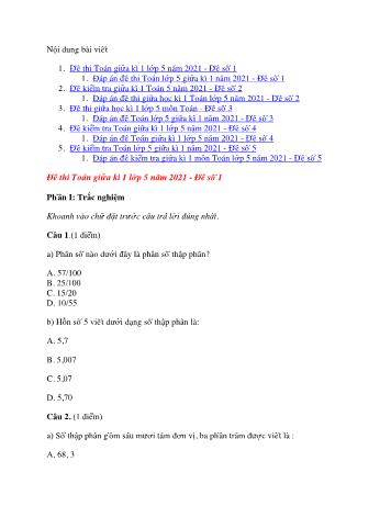 Bộ 5 đề thi giữa kì 1 môn Toán Lớp 5 - Năm học 2021-2022 (Có đáp án)