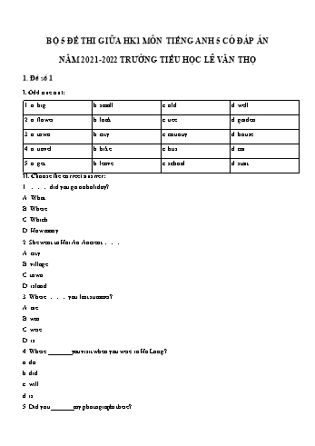 Bộ 5 đề thi học kì 1 môn Tiếng Anh Lớp 5 - Năm học 2021-2022 - Trường Tiểu học Lê Văn Thọ (Có đáp án)