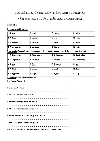 Bộ 5 đề thi học kì 1 môn Tiếng Anh Lớp 5 - Năm học 2021-2022 - Trường Tiểu học Cao Bá Quát (Có đáp án)
