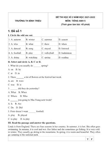Bộ 5 đề thi học kì 2 môn Tiếng Anh Lớp 5 - Năm học 2021-2022 - Trường Tiểu học Bình Triệu (Có đáp án)