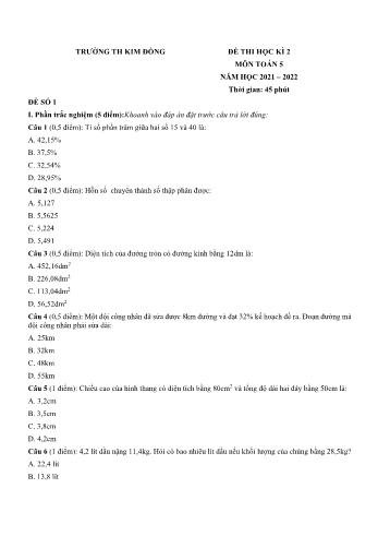 Bộ 5 đề thi học kì 2 môn Toán Lớp 5 - Năm học 2021-2022 - Trường Tiểu học Kim Đồng (Có đáp án)