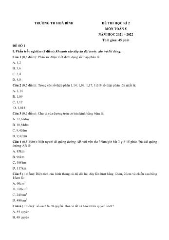 Bộ 5 đề thi học kì 2 môn Toán Lớp 5 - Năm học 2021-2022 - Trường Tiểu học Hòa Bình (Có đáp án)