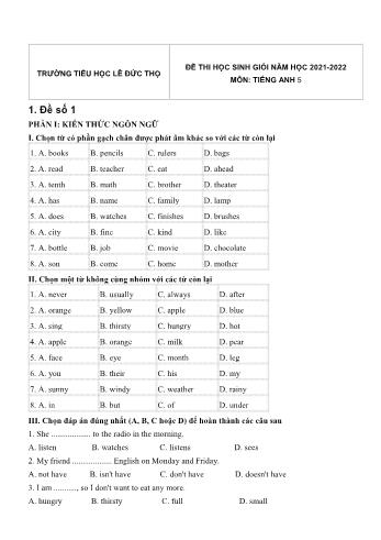 Bộ 5 đề thi học sinh giỏi môn Tiếng Anh Lớp 5 - Năm học 2021-2022 - Trường Tiểu học Lê Đức Thọ (Có đáp án)