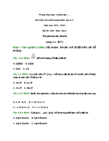 Đề khảo sát chất lượng giữa học kì 2 môn Toán Lớp 5 (Nâng cao) - Năm học 2021-2022 - Đề 5 (Có đáp án)