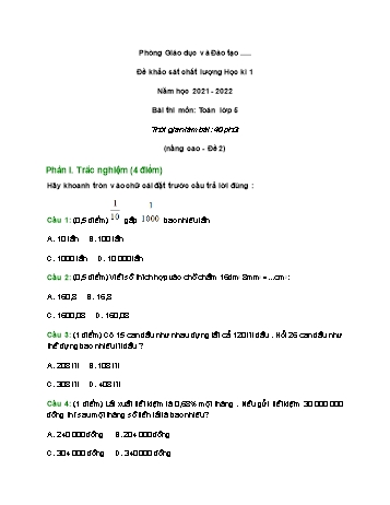 Đề khảo sát chất lượng học kì 1 môn Toán Lớp 5 (Nâng cao) - Năm học 2021-2022 - Đề 2 (Có đáp án)