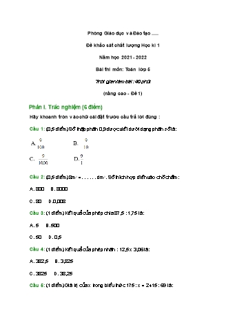 Đề khảo sát chất lượng học kì 1 môn Toán Lớp 5 (Nâng cao) - Năm học 2021-2022 - Đề 1 (Có đáp án)