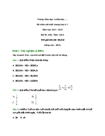 Đề khảo sát chất lượng học kì 1 môn Toán Lớp 5 (Nâng cao) - Năm học 2021-2022 - Đề 3 (Có đáp án)