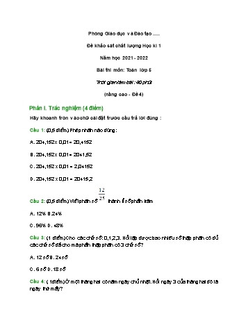 Đề khảo sát chất lượng học kì 1 môn Toán Lớp 5 (Nâng cao) - Năm học 2021-2022 - Đề 4 (Có đáp án)