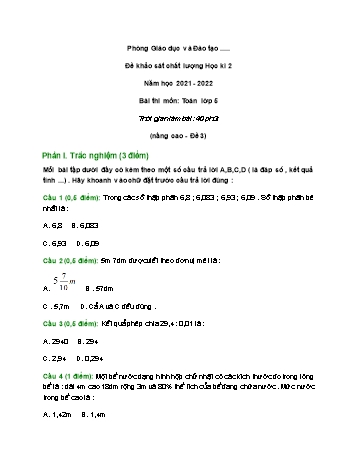 Đề khảo sát chất lượng học kì 2 môn Toán Lớp 5 (Nâng cao) - Năm học 2021-2022 - Đề 3 (Có đáp án)
