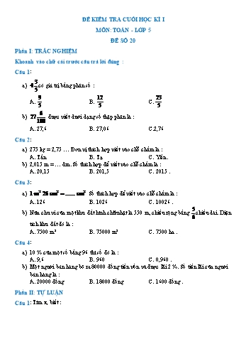 Đề kiểm tra cuối học kì I môn Toán Lớp 5 - Đề số 10