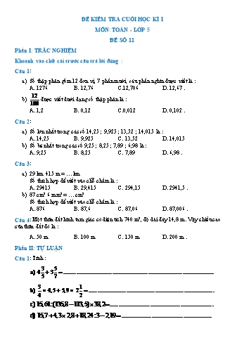 Đề kiểm tra cuối học kì I môn Toán Lớp 5 - Đề số 11