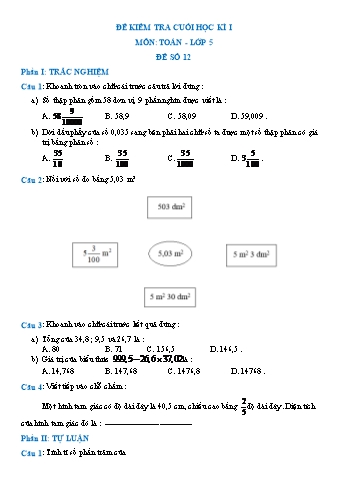 Đề kiểm tra cuối học kì I môn Toán Lớp 5 - Đề số 12