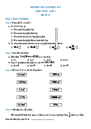 Đề kiểm tra cuối học kì I môn Toán Lớp 5 - Đề số 13