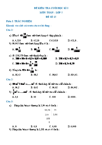 Đề kiểm tra cuối học kì I môn Toán Lớp 5 - Đề số 15