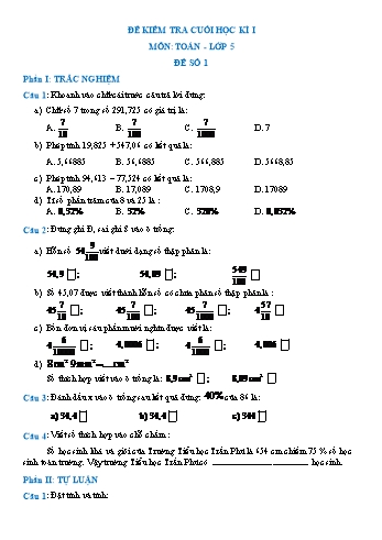 Đề kiểm tra cuối học kì I môn Toán Lớp 5 - Đề số 1