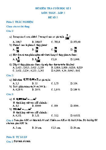 Đề kiểm tra cuối học kì I môn Toán Lớp 5 - Đề số 5