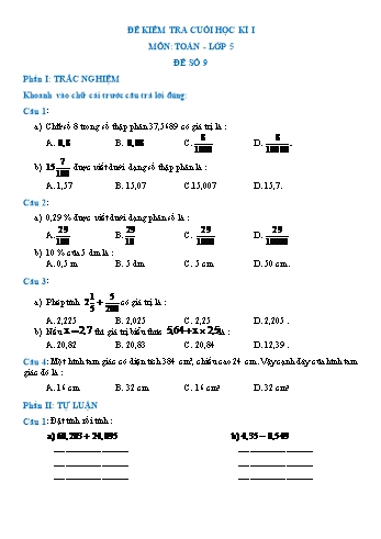 Đề kiểm tra cuối học kì I môn Toán Lớp 5 - Đề số 9